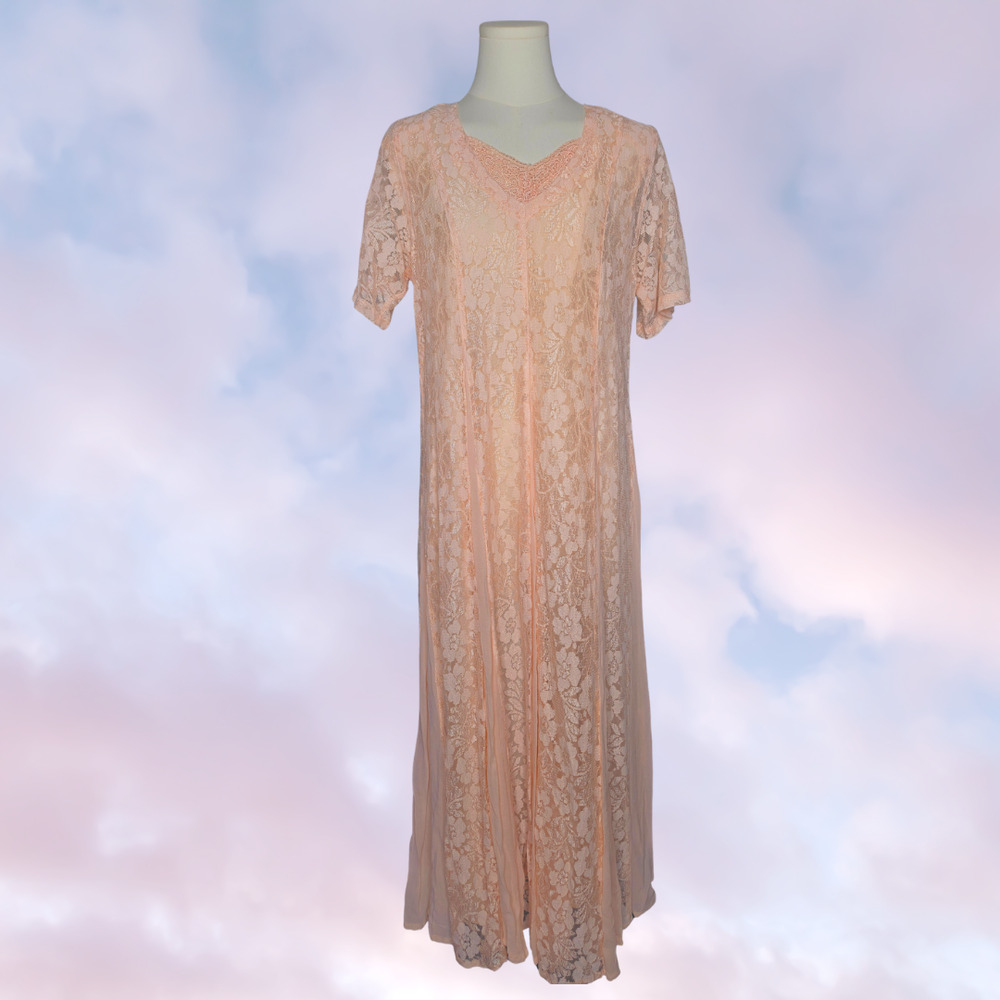 90s Vtg Olivia Long Maxi Peach Pink Lace Layered Whimsy Fairy Cottage Dress Sz M
